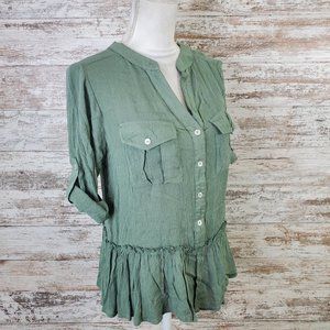 Derek Heart Short Sleeve Cuffed V-Neck Button Up Top Size Multiple